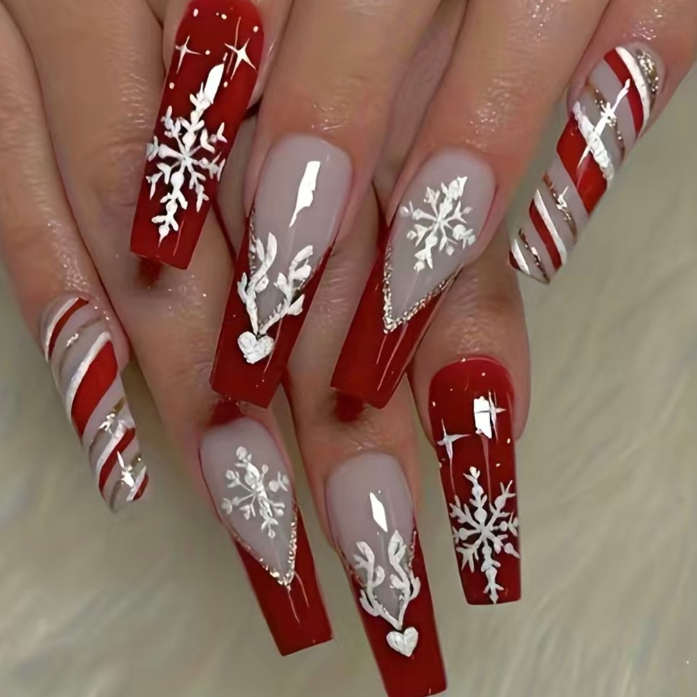 Christmas Press on Snowflake Long Coffin Fake Nails Full Cover Red French Tip